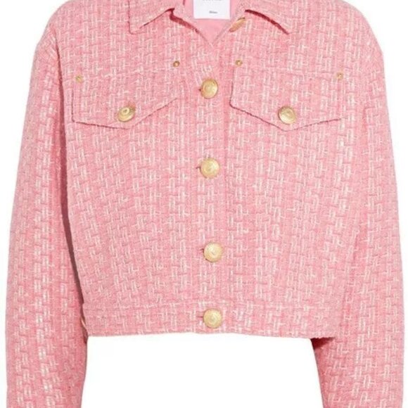 MOSCHINO COUTURE RAFFIA BOUCLE PINK TWEED JACKET SKIRT SET 2017 RUNWAY SZ 8 - Picture 5 of 16